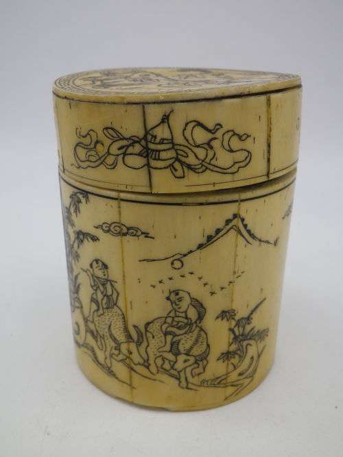 Antique Chinese Lidded Brush pot. Fine Carved Scrimshaw detail. RARE! Special!