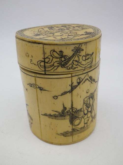 Antique Chinese Lidded Brush pot. Fine Carved Scrimshaw detail. RARE! Special!