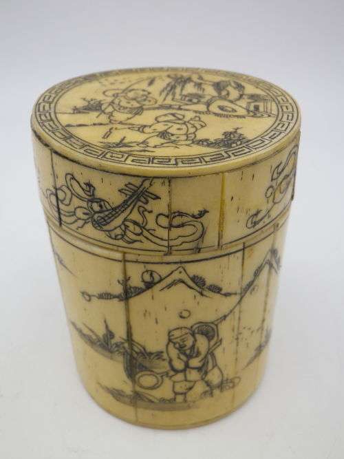 Antique Chinese Lidded Brush pot. Fine Carved Scrimshaw detail. RARE! Special!