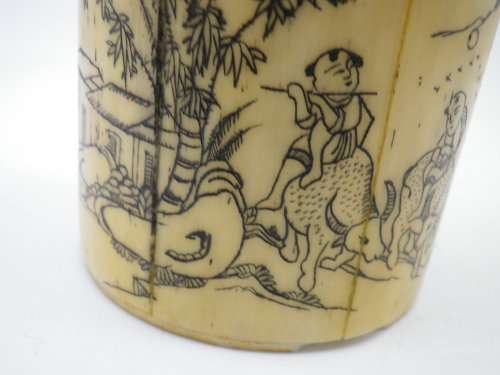 Antique Chinese Lidded Brush pot. Fine Carved Scrimshaw detail. RARE! Special!