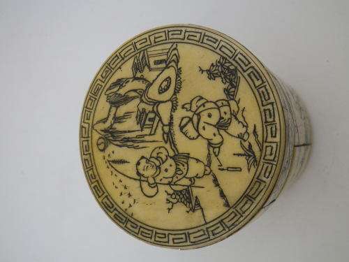 Antique Chinese Lidded Brush pot. Fine Carved Scrimshaw detail. RARE! Special!