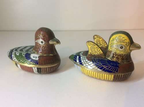 Pair Chinese Cloisonne Lidded duck trinket holders. 5cm x 5cm. RARE!