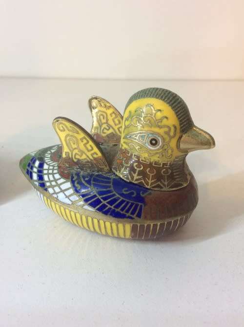 Pair Chinese Cloisonne Lidded duck trinket holders. 5cm x 5cm. RARE!