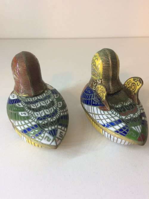Pair Chinese Cloisonne Lidded duck trinket holders. 5cm x 5cm. RARE!