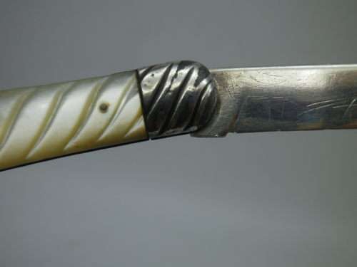 Antique Silver Folding Fruit Knife. Mother of Pearl handle. Sheffield 1896 Edward Bradley. RARE