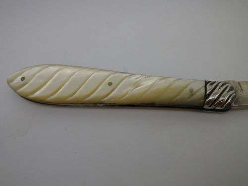 Antique Silver Folding Fruit Knife. Mother of Pearl handle. Sheffield 1896 Edward Bradley. RARE
