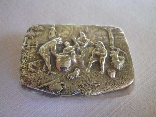 Vintage Hans Jensen, Denmark Silverplated Repousse pill or snuff box depicting musicians with their