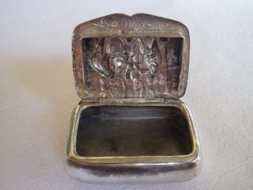 Vintage Hans Jensen, Denmark Silverplated Repousse pill or snuff box depicting musicians with their