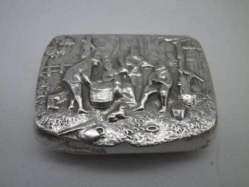 Vintage Hans Jensen, Denmark Silverplated Repousse pill or snuff box depicting musicians with their