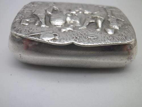 Vintage Hans Jensen, Denmark Silverplated Repousse pill or snuff box depicting musicians with their