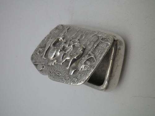 Vintage Hans Jensen, Denmark Silverplated Repousse pill or snuff box depicting musicians with their