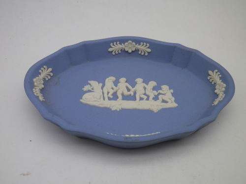 Vintage Wedgwood Blue Jasperware small oval pin tray. Cavorting Cherubs 11,4cm x 8cm