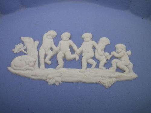 Vintage Wedgwood Blue Jasperware small oval pin tray. Cavorting Cherubs 11,4cm x 8cm