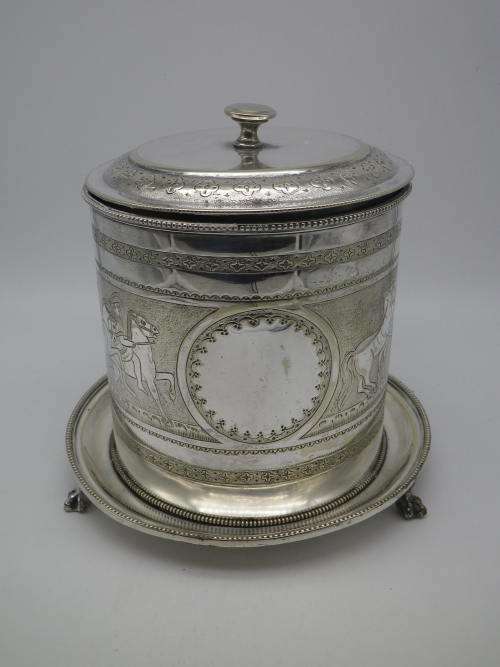 Antique Silver Plated Biscuit Barrel. Lion paw feet 16cm tall. Maker: HB