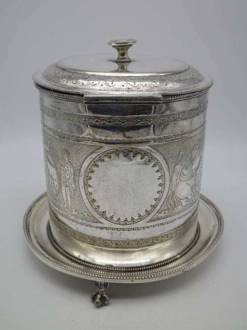 Antique Silver Plated Biscuit Barrel. Lion paw feet 16cm tall. Maker: HB