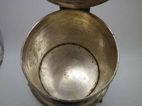 Antique Silver Plated Biscuit Barrel. Lion paw feet 16cm tall. Maker: HB