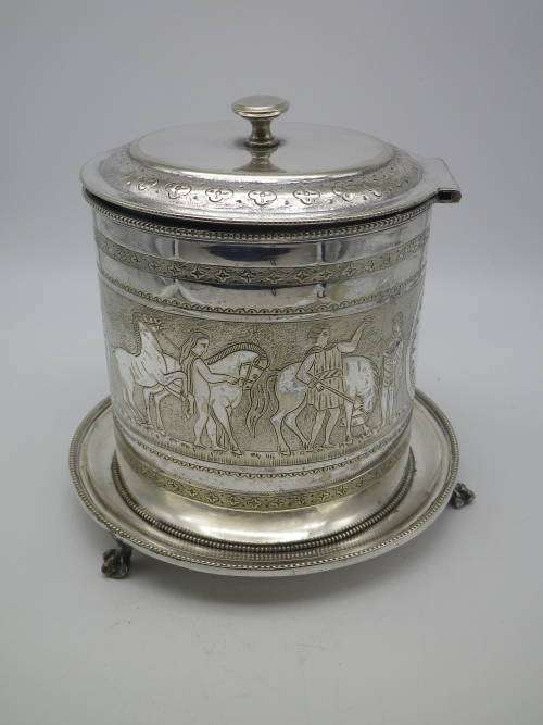 Antique Silver Plated Biscuit Barrel. Lion paw feet 16cm tall. Maker: HB