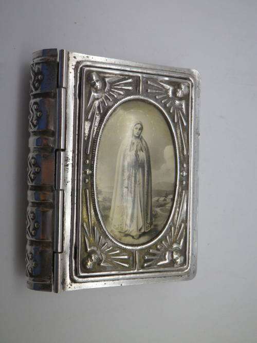 Antique 19th Century Rosary Box Silver (?) or Silver Metal. Bible Shape with Mother Mary Photo