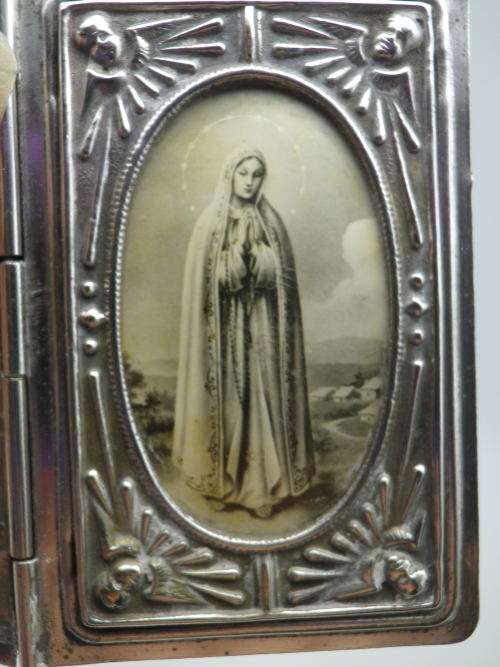 Antique 19th Century Rosary Box Silver (?) or Silver Metal. Bible Shape with Mother Mary Photo