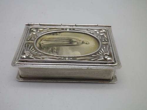Antique 19th Century Rosary Box Silver (?) or Silver Metal. Bible Shape with Mother Mary Photo
