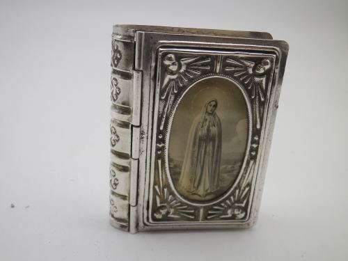 Antique 19th Century Rosary Box Silver (?) or Silver Metal. Bible Shape with Mother Mary Photo