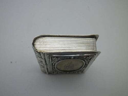 Antique 19th Century Rosary Box Silver (?) or Silver Metal. Bible Shape with Mother Mary Photo