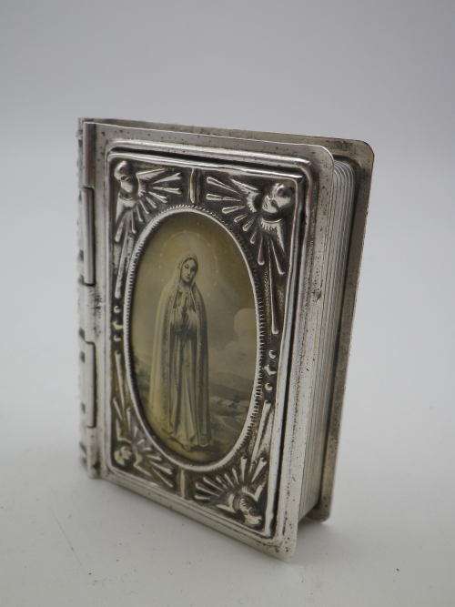 Antique 19th Century Rosary Box Silver (?) or Silver Metal. Bible Shape with Mother Mary Photo