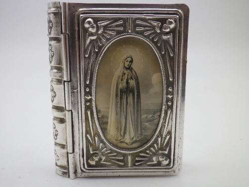Antique 19th Century Rosary Box Silver (?) or Silver Metal. Bible Shape with Mother Mary Photo