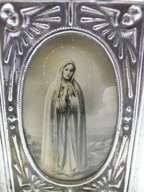 Antique 19th Century Rosary Box Silver (?) or Silver Metal. Bible Shape with Mother Mary Photo