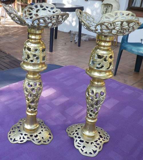 Vintage Pair of SOLID BRASS Tall Ornate Candle Holders. For thin or short stubby candles 29cm