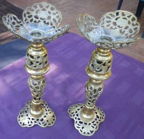 Vintage Pair of SOLID BRASS Tall Ornate Candle Holders. For thin or short stubby candles 29cm