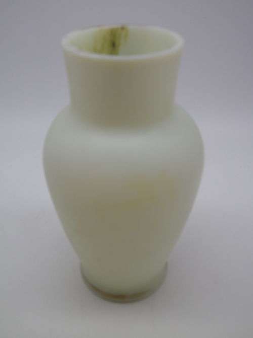 FOR MARK ONLY PLEASEURANIUM SATIN CUSTARD GLASS small vase with hand painted bird decoration