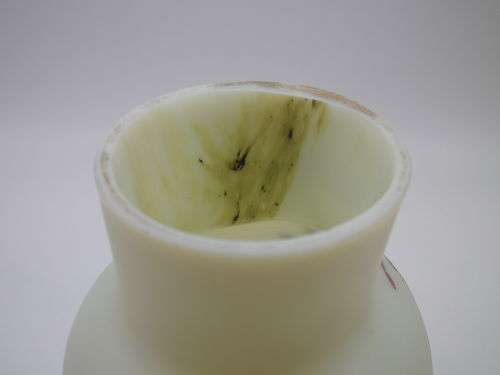 FOR MARK ONLY PLEASEURANIUM SATIN CUSTARD GLASS small vase with hand painted bird decoration