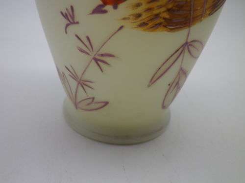 FOR MARK ONLY PLEASEURANIUM SATIN CUSTARD GLASS small vase with hand painted bird decoration