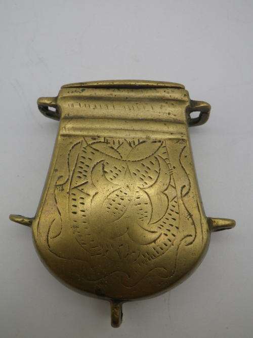 SOLID BRASS Vintage or Antique LIDDED  gunpowder CONTAINER to attach to belt. Possibly Ottoman