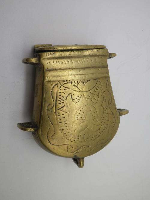 SOLID BRASS Vintage or Antique LIDDED  gunpowder CONTAINER to attach to belt. Possibly Ottoman