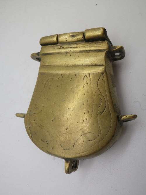 SOLID BRASS Vintage or Antique LIDDED  gunpowder CONTAINER to attach to belt. Possibly Ottoman