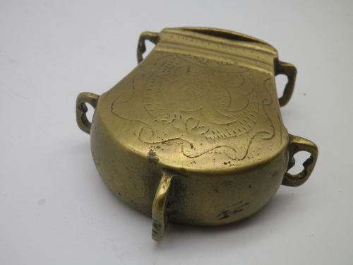 SOLID BRASS Vintage or Antique LIDDED  gunpowder CONTAINER to attach to belt. Possibly Ottoman