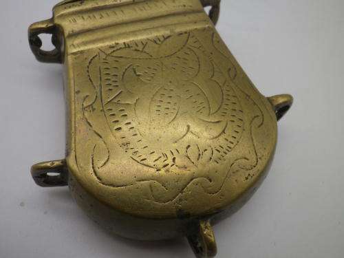 SOLID BRASS Vintage or Antique LIDDED  gunpowder CONTAINER to attach to belt. Possibly Ottoman