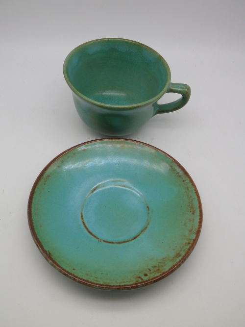 LINNWARE Green Glaze Cup and Saucer South African Pottery.