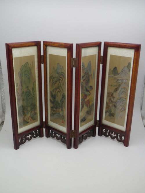 Chinese Hand painted folding 4 panel wood & glass Vintage Table Screen. Signed. 35x24cm Exquisite!