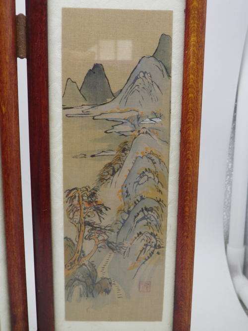 Chinese Hand painted folding 4 panel wood & glass Vintage Table Screen. Signed. 35x24cm Exquisite!