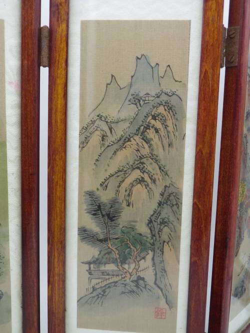 Chinese Hand painted folding 4 panel wood & glass Vintage Table Screen. Signed. 35x24cm Exquisite!