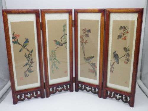 Chinese Hand painted folding 4 panel wood & glass Vintage Table Screen. Signed. 35x24cm Exquisite!