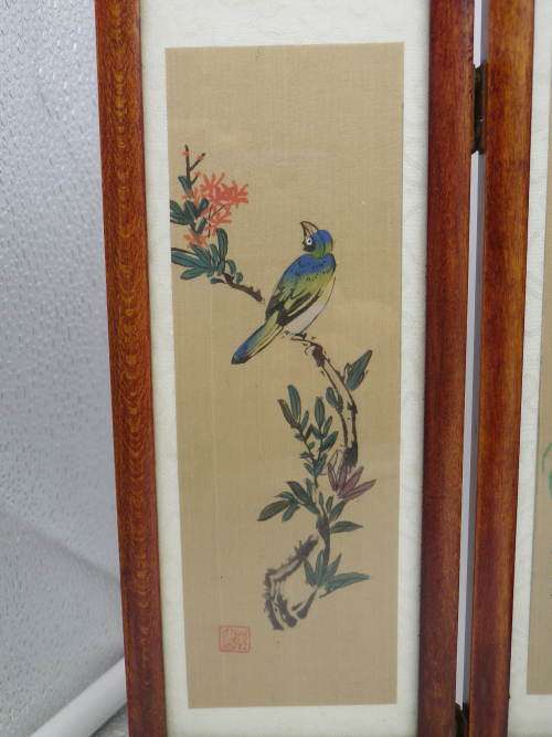Chinese Hand painted folding 4 panel wood & glass Vintage Table Screen. Signed. 35x24cm Exquisite!