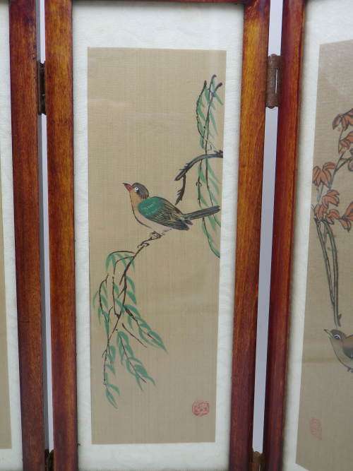 Chinese Hand painted folding 4 panel wood & glass Vintage Table Screen. Signed. 35x24cm Exquisite!