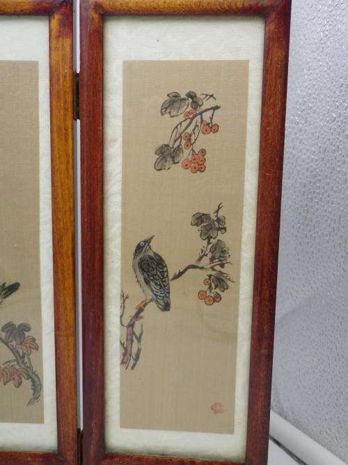 Chinese Hand painted folding 4 panel wood & glass Vintage Table Screen. Signed. 35x24cm Exquisite!