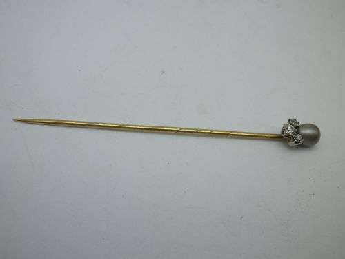 Antique 9ct Yellow Gold Stick pin set with Natural Black Pearl & 3 diamonds. 7cm Beautiful!