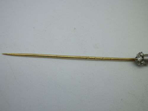 Antique 9ct Yellow Gold Stick pin set with Natural Black Pearl & 3 diamonds. 7cm Beautiful!
