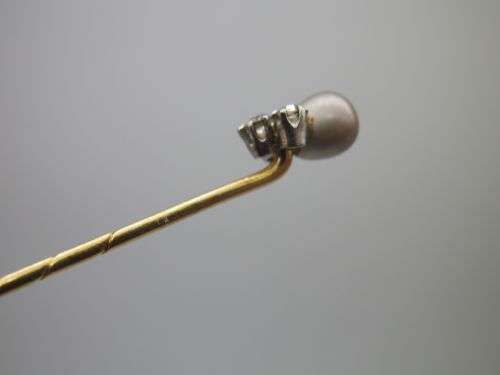 Antique 9ct Yellow Gold Stick pin set with Natural Black Pearl & 3 diamonds. 7cm Beautiful!